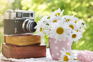 Wall Mural - bunch of marguerite flowers and vintage books and camera in the garden