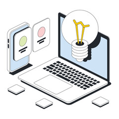 Poster - Application design, user interface, lamp ideas, laptop. Vector 3d line isometric, color web icons, new flat style. Creative design idea for infographics.