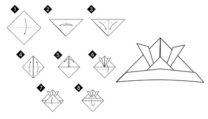Poster -  How to make origami origami samurai helmet. Step by step instructions DIY from paper vector monochrome line guide illustration. 