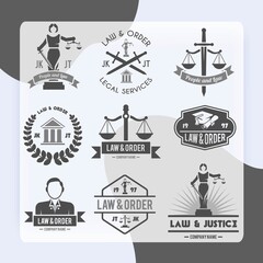 Wall Mural - Law order and crime preventing lady justice symbols collection black graphic labels pictograms set isolated vector illustration