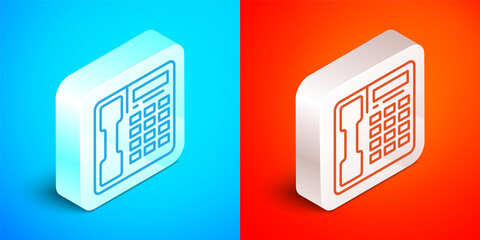 Sticker - Isometric line Telephone handset icon isolated on blue and red background. Phone sign. Silver square button. Vector