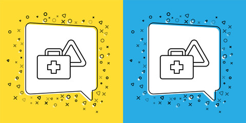 Wall Mural - Set line First aid kit and warning triangle icon isolated on yellow and blue background. Must be in the car. Vector