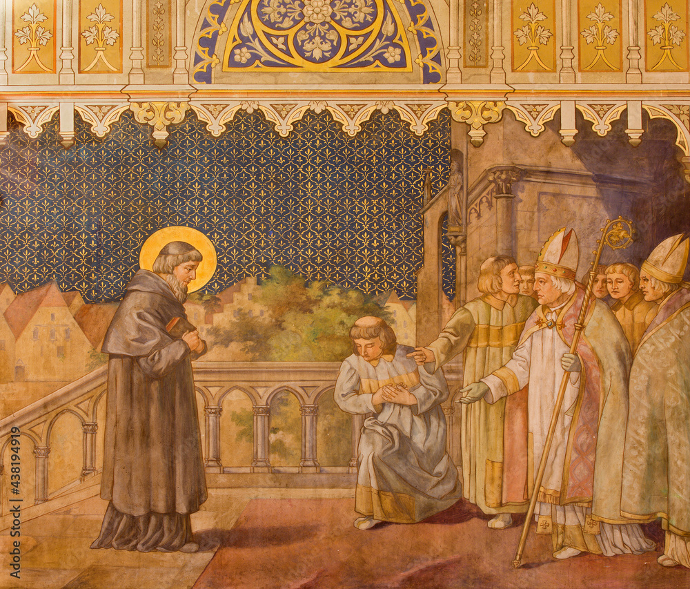 TRNAVA, SLOVAKIA - OCTOBER 14, 2014: The fresco of the scenes from st. Nicholas live by Leopold Bruckner (1905 - 1906) in St. Nicholas church. - obrazy, fototapety, plakaty 