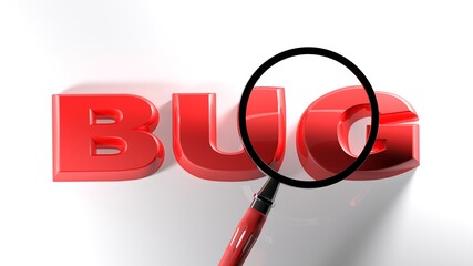 Poster - Red write BUG on white surface, under a magnifier lens - 3D rendering illustration