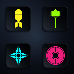 Sticker - Set Round wooden shield, Aviation bomb, Japanese ninja shuriken and Battle hammer. Black square button. Vector