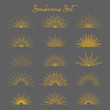Set of vintage gold bursting rays flat icon. Graphic symbols half sun sunset firework spark starburst explosion. Vector design elements sunrise light burst line shine sunshine sunbeam retro border
