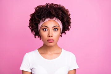 Sticker - Photo of young charming pretty amazed surprised afro girl hear shocking news information isolated on pink color background