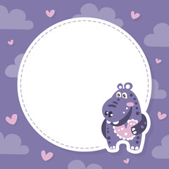 Sticker - Adorable Funny Hippopotamus Baby Character with Space for Text Banner, Poster, Card Design Vector Illustration