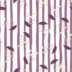 Sticker - Random seamless pattern with floral decorative berry branch ornament. Purple and white striped background.