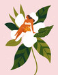 © Angelina Bambina - Little woman sitting on wonder the huge spring flower. Vector illustration.