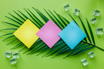Fototapete - Tropical green background with exotic tropical palm leaf. Ice cubes. Blank colorful cards with space for text, Minimal summer concept, work motivation. escape from the office, integration trip, Flat