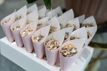 Wedding Confetti In Cone Paper Holders Natural Flower Petals Ready To Throw Over Bride And Groom After Ceremony.