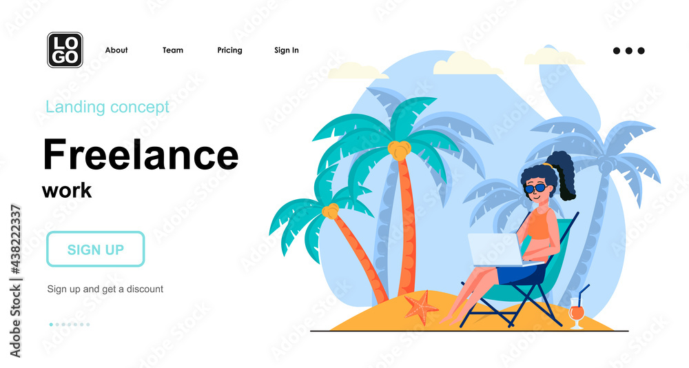 Freelance work web concept. Woman freelancer working on laptop relaxing on beach. Remote worker. Template of people scene. Vector illustration with character activities in flat design for website - obrazy, fototapety, plakaty 