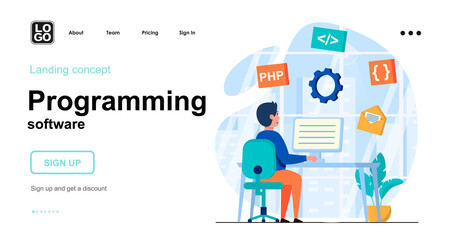 Aufkleber - Programming software web concept. Programmer develops application, coding code, work on computer. Template of people scene. Vector illustration with character activities in flat design for website