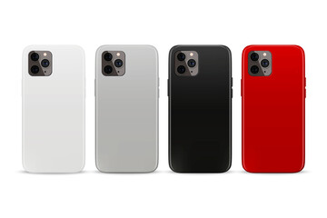 Vector 3d Realistic White, Gray, Black, Red Blank Phone Case Design Template. Back Cover for Smartphone Set Isolated on White Background. Mockup. Front View