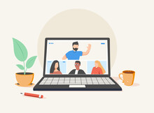 People Connecting Together, Learning And Meeting Online Via Teleconference Or Video Conference Remote Working On Laptop Computer, Work From Home And Anywhere, Flat Vector Illustration