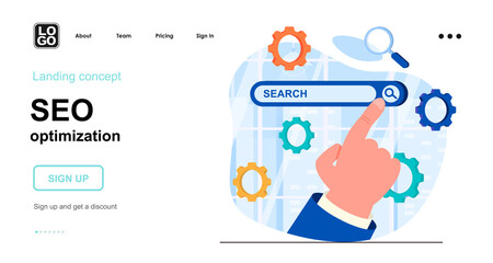 Poster - seo optimization web concept. setting up browser search, site ranking, strategy promotion, traffic. 