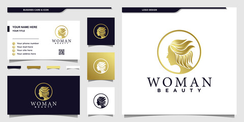 Woman hair leaf salon gold gradient logo design and businnes card design Premium Vector