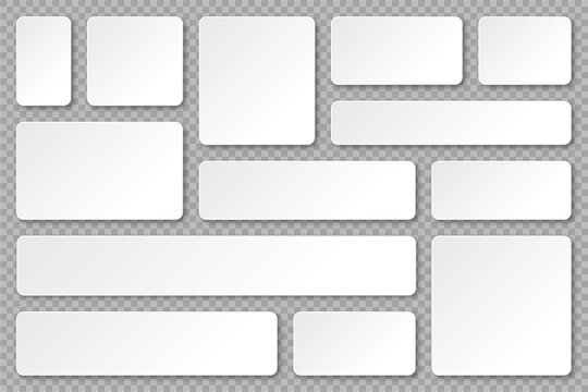Set of blank paper banners with shadows on transparent background. Adhesive stickers, labels with rounded corners. Vector illustration.