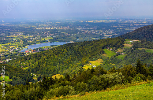 Panoramic view of Beskidy Mountains surrounding Miedzybrodzkie Lake and Porab...