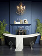 3d render of a classic luxury dark blue bathroom with black vintage barhtub, a vintage chandelier, plants and a retro fireplace