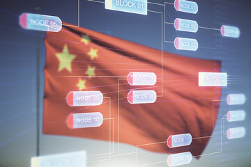 Poster - Multi exposure of abstract graphic coding sketch on Chinese flag and sunset sky background, big data and networking concept