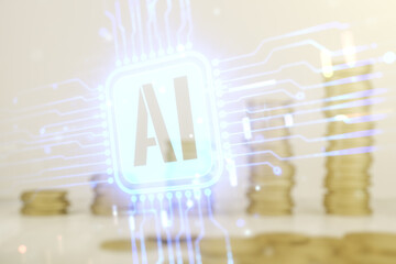 Poster - Double exposure of creative artificial Intelligence icon on growing stacks of coins background. Neural networks and machine learning concept