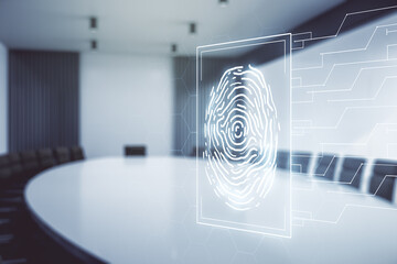 Poster - Double exposure of virtual creative fingerprint hologram on a modern meeting room background, research and development concept