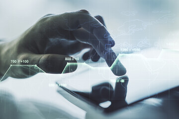 Poster - Multi exposure of creative statistics data hologram with finger presses on a digital tablet on background, stats and analytics concept