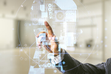 Poster - Double exposure of man hand presses on creative artificial Intelligence hologram on blurred office background. Neural networks and machine learning concept