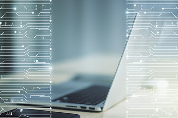 Poster - Creative concept of microscheme illustration on modern laptop background. Big data and database concept. Multiexposure