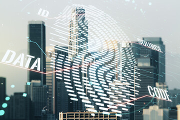 Aufkleber - Double exposure of virtual creative fingerprint hologram on Los Angeles office buildings background, protection of personal information concept