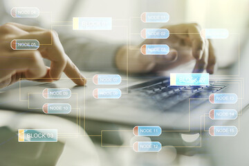 Poster - Double exposure of abstract programming language hologram with hands typing on laptop on background, research and development concept