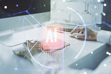Poster - Double exposure of creative artificial Intelligence abbreviation with hand typing on computer keyboard on background. Future technology and AI concept