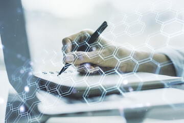 Aufkleber - Creative abstract technology sketch with hexagon grid and hand writing in notepad on background with laptop, future technology and AI concept. Double exposure