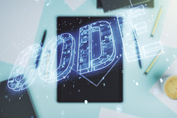 Aufkleber - Creative Code word sign and modern digital tablet on desktop on background, top view, international software development concept. Multiexposure