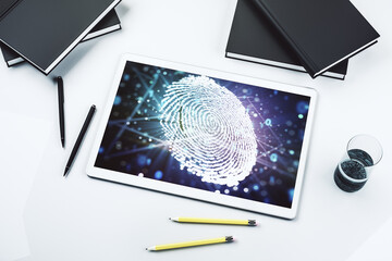 Poster - Abstract creative fingerprint illustration on modern digital tablet monitor, digital access concept. Top view. 3D Rendering