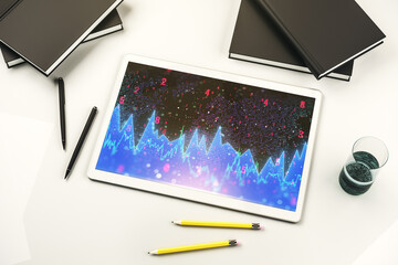 Aufkleber - Abstract creative statistics data hologram on modern digital tablet screen, analytics and forecasting concept. Top view. 3D Rendering