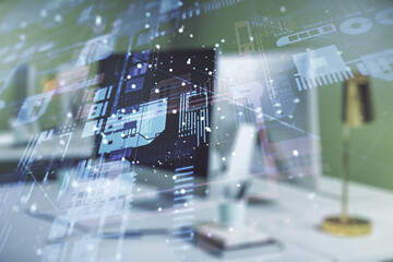 Poster - Abstract creative coding illustration on modern computer background, software development concept. Multiexposure