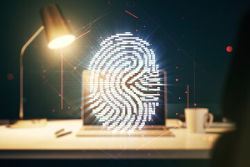 Poster - Multi exposure of abstract fingerprint scan interface on computer background, digital access concept
