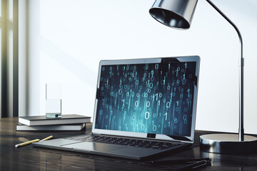 Poster - Creative concept of binary code illustration on modern laptop screen. Big data and coding concept. 3D Rendering