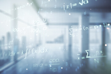 Poster - Abstract scientific formula hologram on empty classroom background. Multiexposure