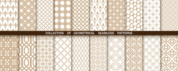 Geometric collection of gold and white patterns. Seamless vector backgrounds. Simple graphics