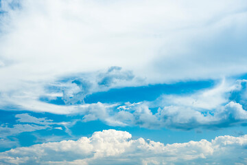Wall Mural - Stunning view of a blue sky with some fluffy clouds. Aerial shoot, natural background with copy space.