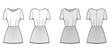 © Vectoressa - Dress pleated technical fashion illustration with short sleeves, fitted body, mini length skirt. Flat apparel front, back, white, grey color style. Women, men unisex CAD mockup