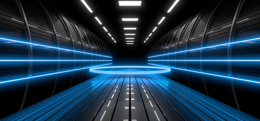 Wall Mural - sci fy neon lamps in a dark corridor. reflections on the floor and walls. 3d rendering image.
