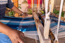 Textile Hispanic Weaver Craftsman Making Products On A Wooden Handicraft Loom - Latinx