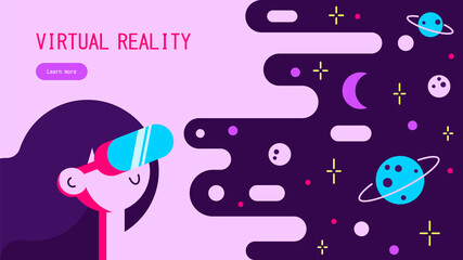 Virtual reality adventure. VR banner, web concept. Girl using a virtual reality VR headset and experiencing exciting experiences in the virtual world. Vector illustration. 