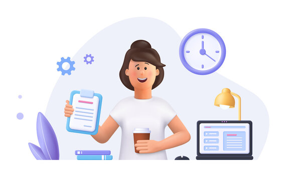 Wall Mural - Young woman Jane - freelance worker working with laptop at home. Daily work routine. 3d vector people character illustration.