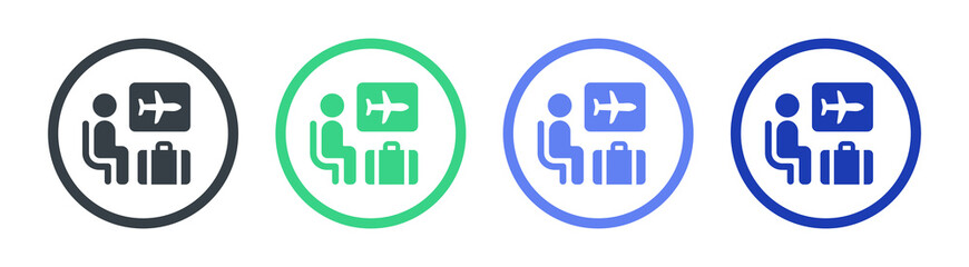 Poster - Tourist waiting the flight in the airport lounge area. Traveller with suitcase wait for the plane vector icon.